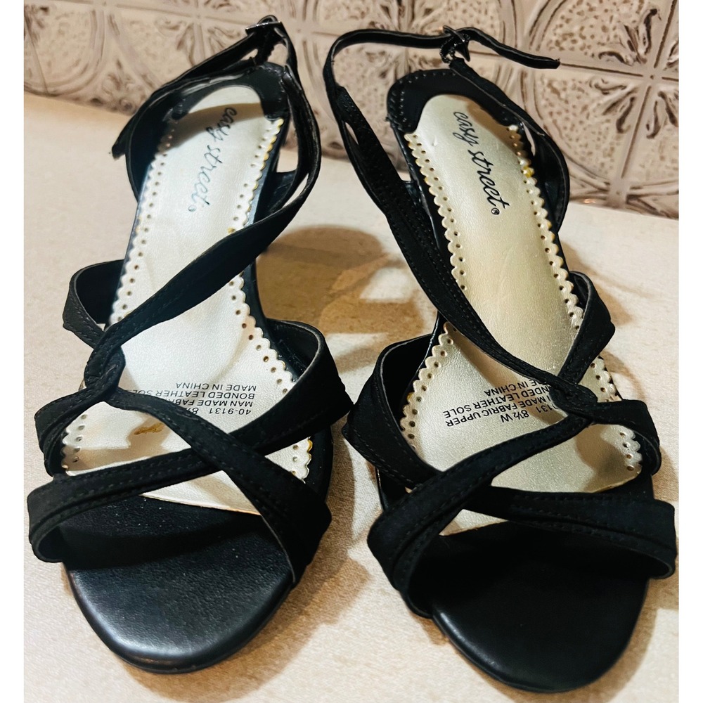 Easy Street Womens Black Strappy Kitten Heel Slingback Sandals 8.5 W